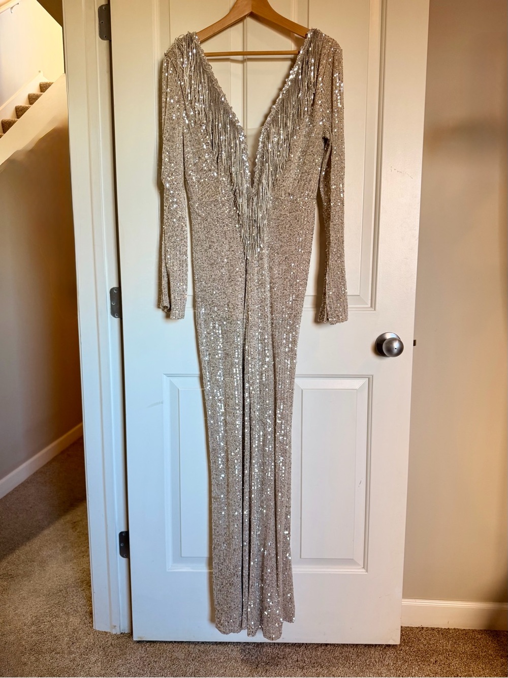 Cher Jumpsuit Sparkling Silver Sequin Long Sleeve V-Neck Costume